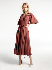 Robe en Mousseline à Col en V avec Demi-Manches Longueur de Mollet terracotta