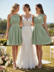 Une Épaule Mini Court Mousseline Robes Sauge Poudrée Grande Taille