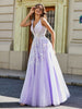 Robe Appliquée en Tulle Dentelle à Col en V Plongeant Lilas