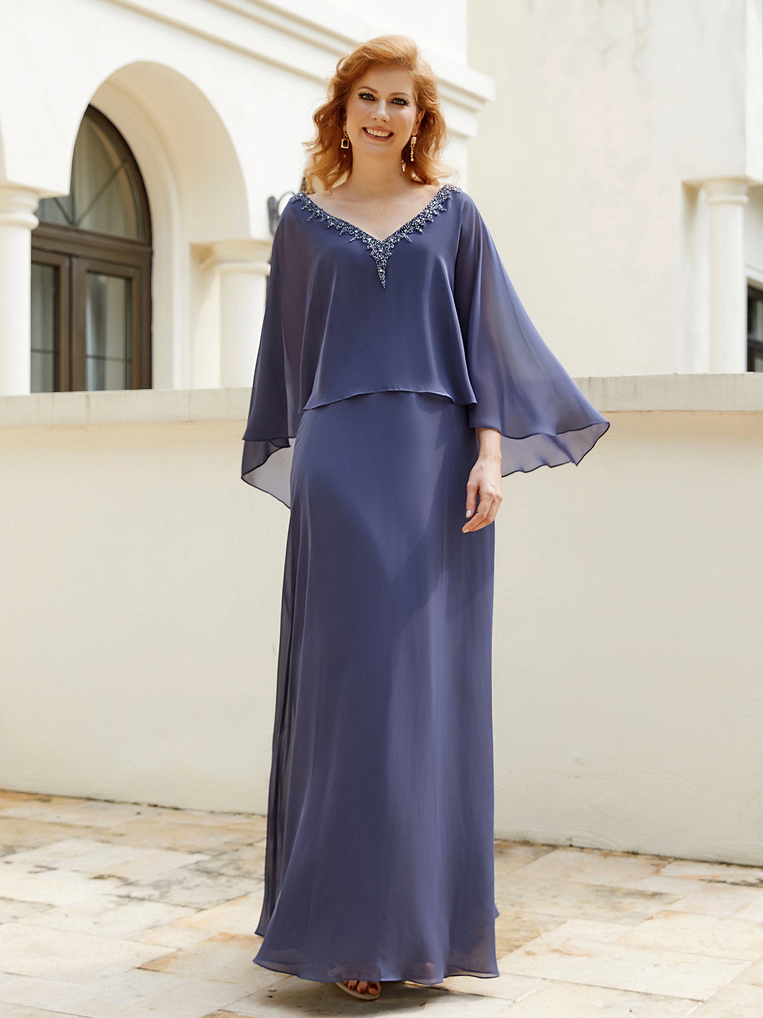 Robe de A-ligne en Mousseline à Col en V avec Volants Perlé en Cascade Orageux