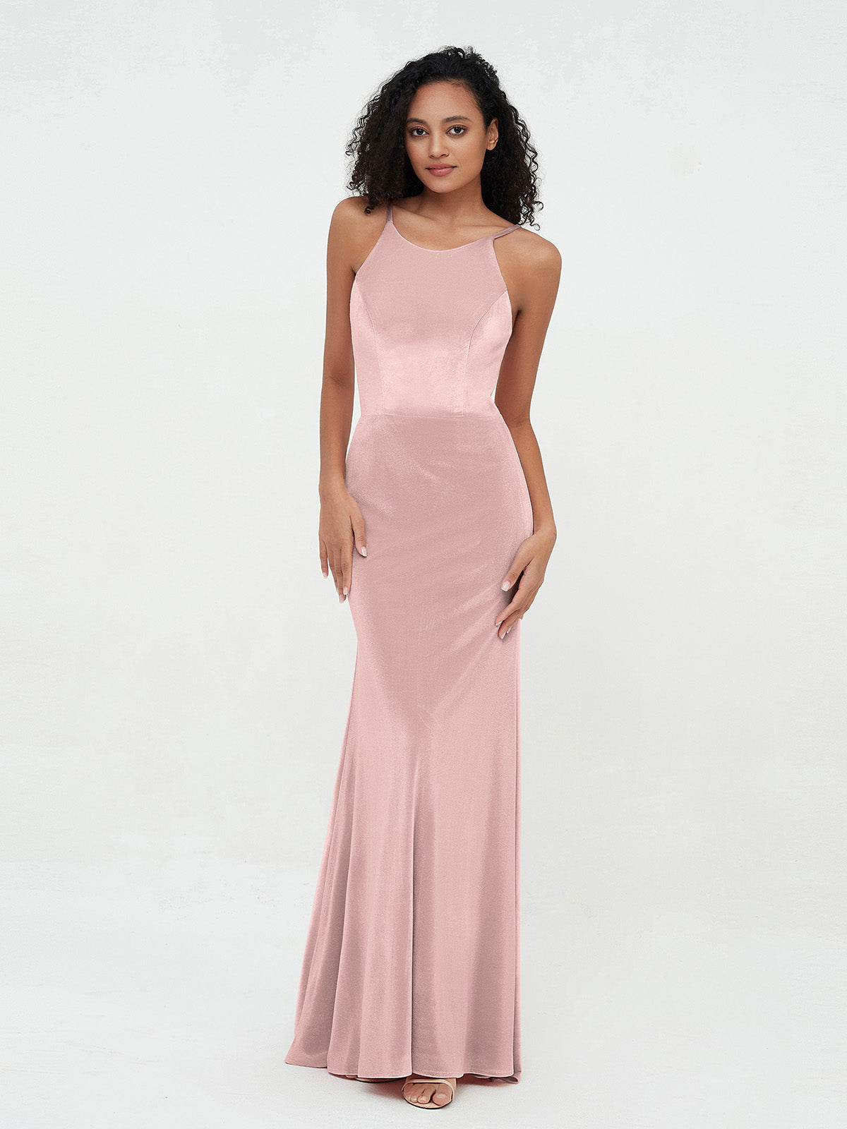 Robes en Velours à Encolure Scoop avec Traîne de Balayage Rose Poudré