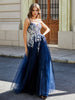 Maxi Robe Appliquée en Dentelle à Col en Cœur Bleu Marine