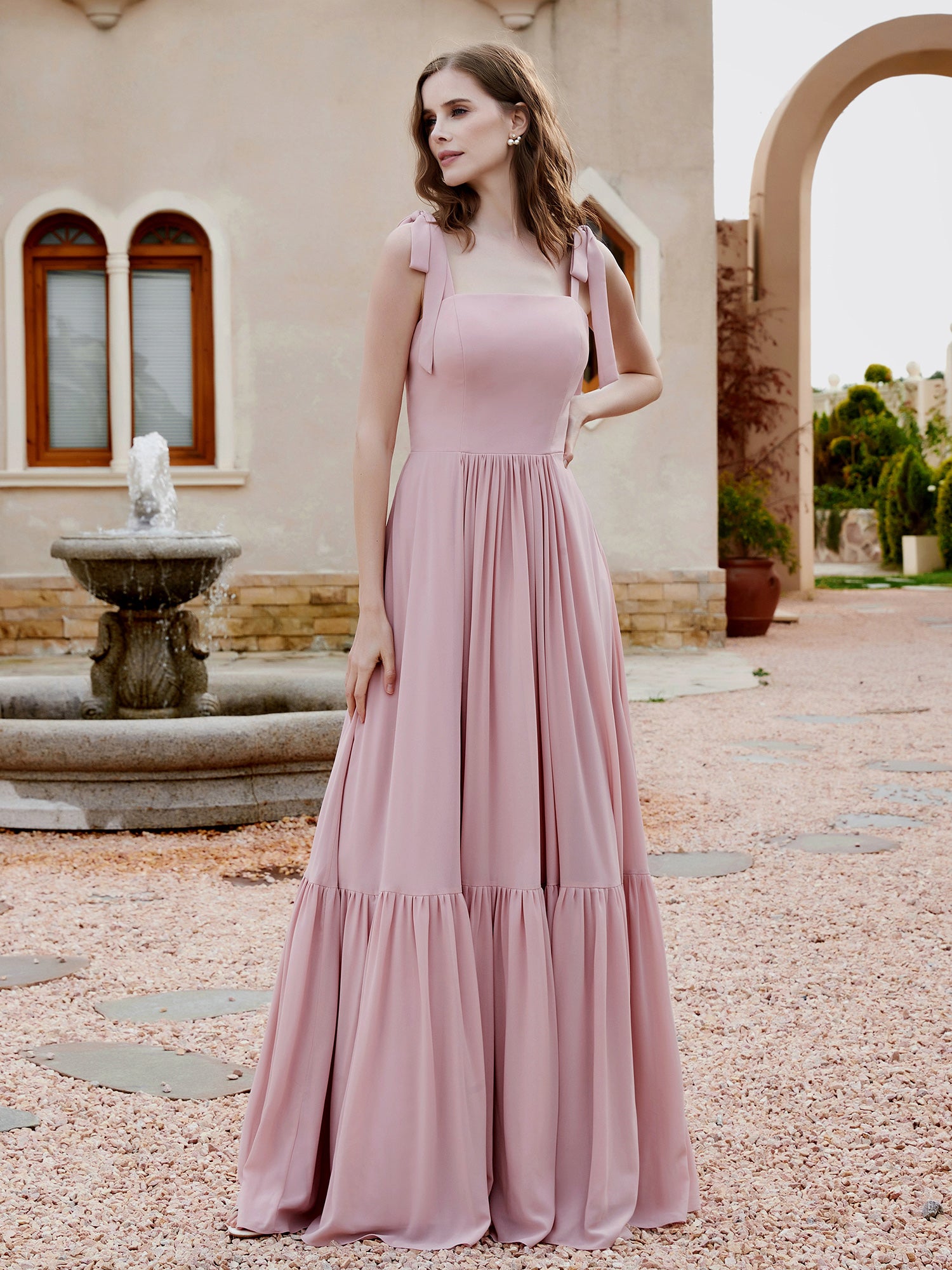 Robe Longueur au Sol en Mousseline à Encolure Carrée Rose Poudré