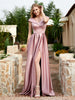 Robe en Satin à Mancherons et Col en V avec Poches Rose Poudré