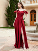 Robe en Satin à Manches Flottantes Hors de l'Épaule avec Poches Bordeaux