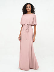 Robes de Demoiselle d'Honneur Enveloppées de Pleine Longueur en Mousseline Rose Poudré