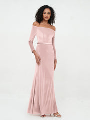 Robes en Velours à Manches Longues à Hors de l'Epaule Rose Poudré