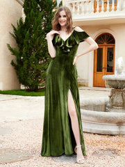Robe de A-ligne en Velours à Col en V avec Fente Olive Verte