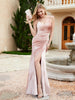 Robe en Velours à Bretelles Spaghetti avec Fente Rose Perle