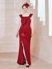 Robe Fourreau en Crêpe Stretch avec Fente Rouge