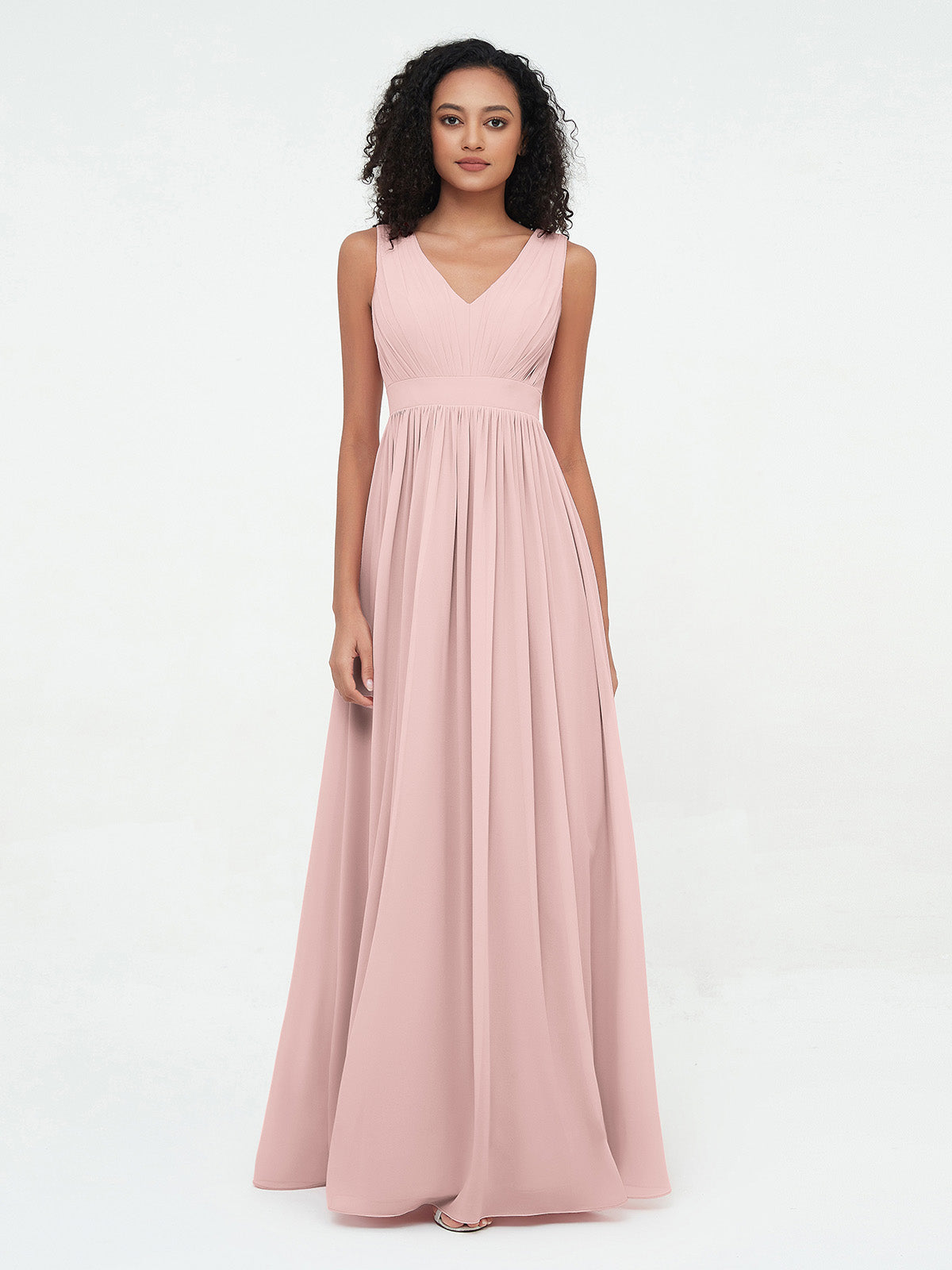 Robes Longues en Mousseline à Col en V avec Dos Ouvert Rose Poudré