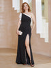 Robe Longueur au Sol en Crêpe Extensible à Une Épaule avec Fente Noir