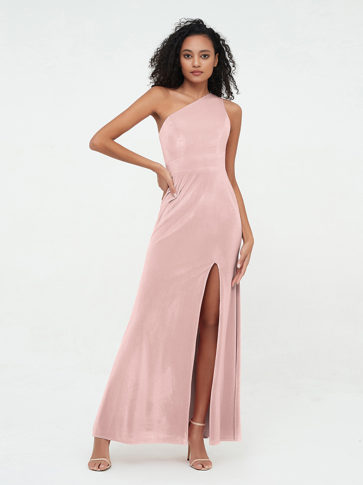 Robes en Velours à Une Epaule et Dos Ouvert avec Fente Rose Poudré