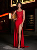 Robe Sirène en Jersey à Lacet et Col en Scoop Rouge