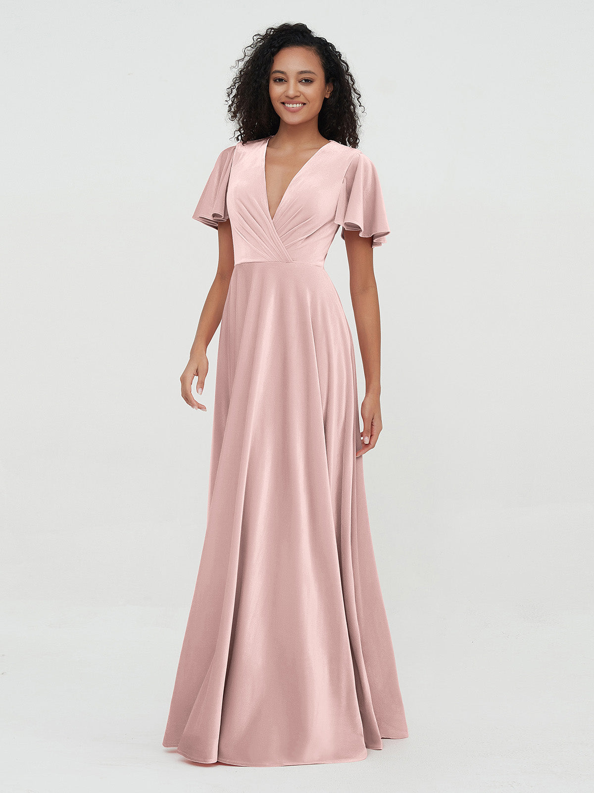 Robes Maxi en Velours à Dos Ouvert et Manches Flottantes Rose Poudré