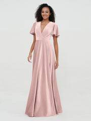 Robes Maxi en Velours à Dos Ouvert et Manches Flottantes Rose Poudré