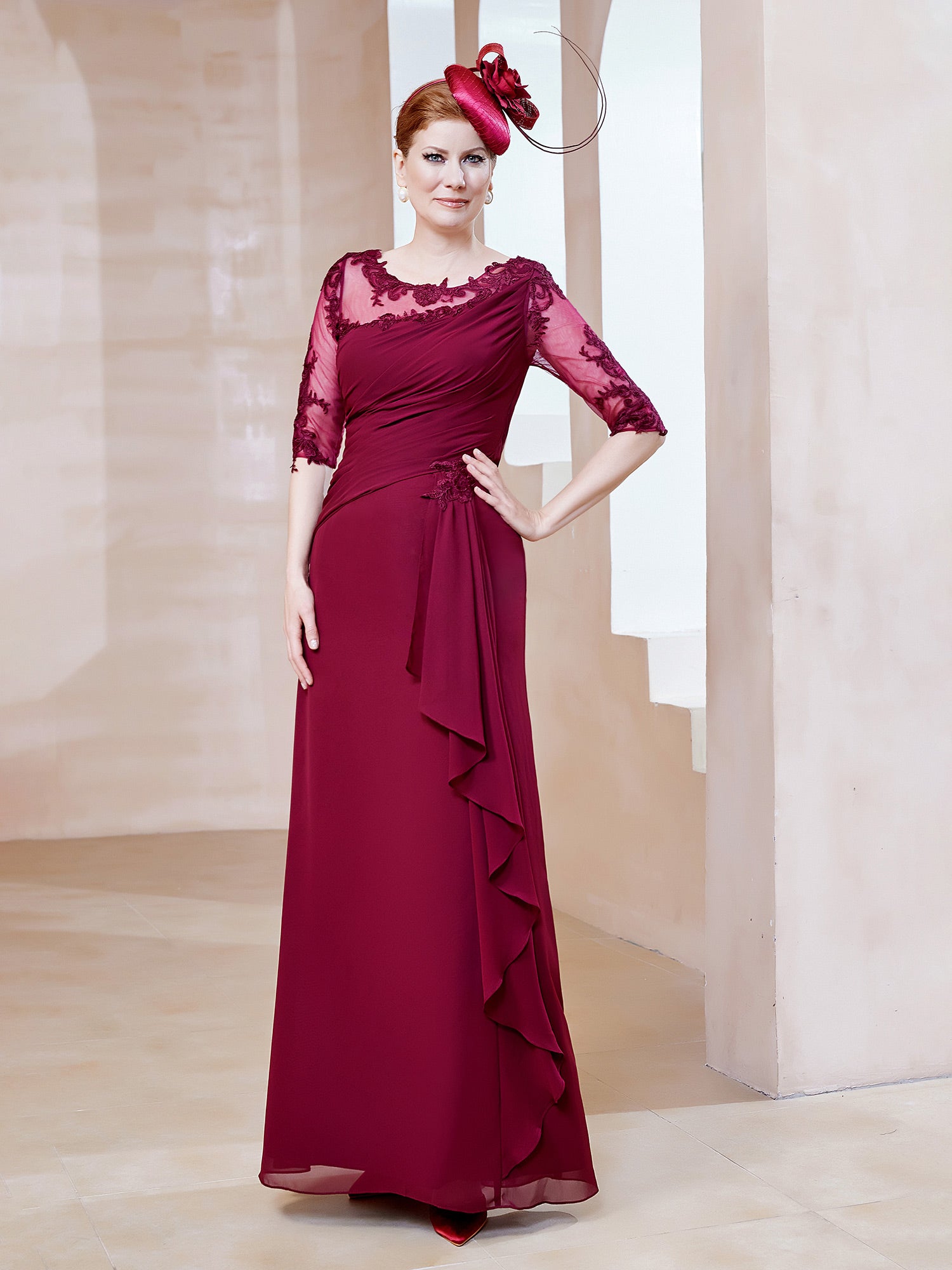 Robe en Mousseline à Manches Mi-longues et Décolleté Illusion avec Dentelle Bordeaux