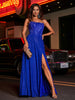 Robe de A-ligne à Col Carré en Jersey Longueur au Sol Bleu Royale