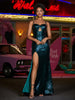 Robes de Soirée Fourreau en Paillettes à Bretelles Spaghetti Vert Foncé