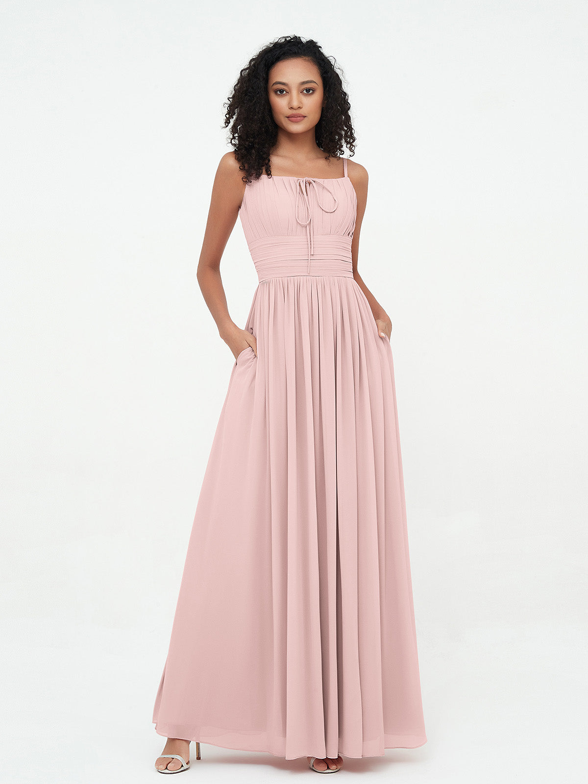 Robes Maxi en Mousseline à Encolure Carrée avec Poches Rose Poudré