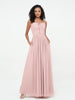 Robes Maxi en Mousseline à Encolure Carrée avec Poches Rose Poudré