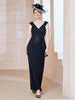 Robe à Col V en Crêpe Extensible avec Paillettes Noir