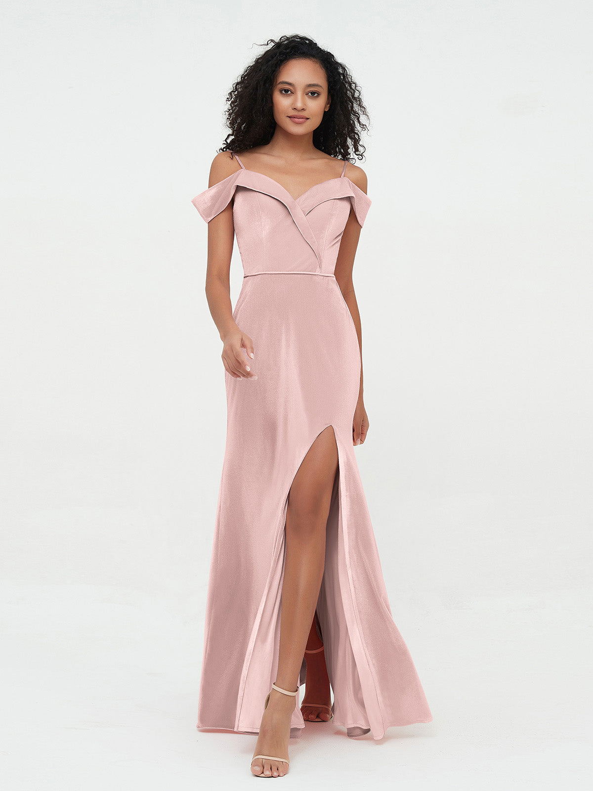 Hors de l'Epaule Robes Longues en Velours avec Fente Rose Poudré