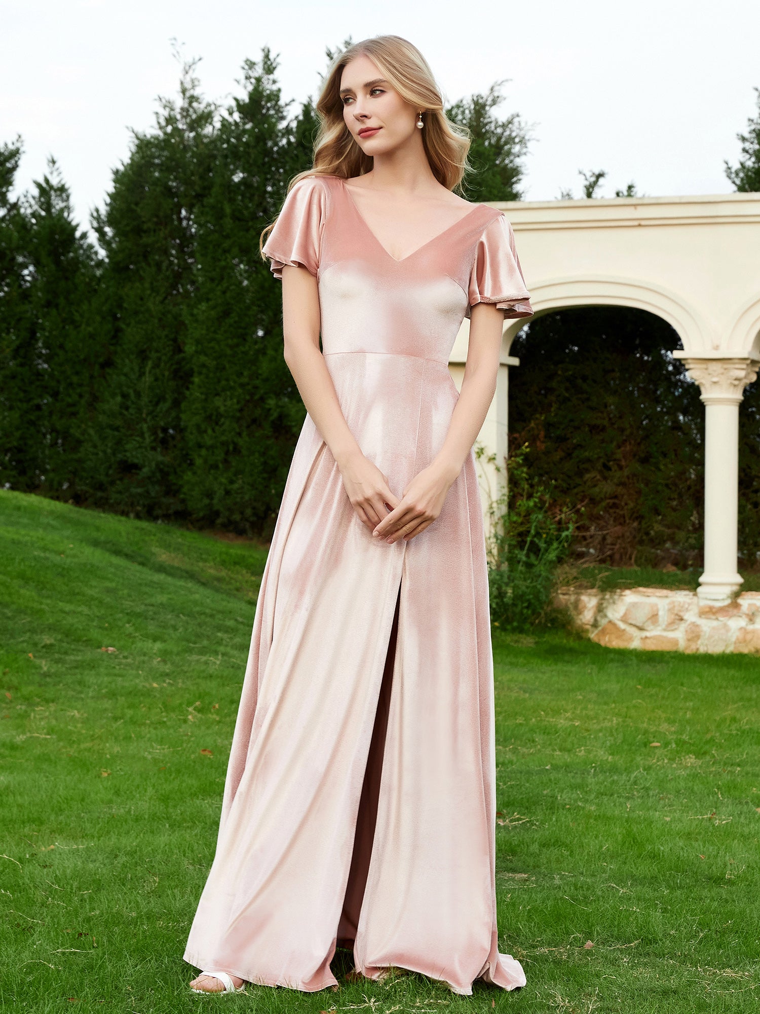 Robe en Velours à Col en V et Manches Flottantes avec Fente Rose Perle