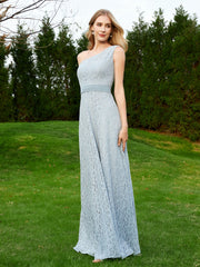 Robe en Dentelle Sans Manches à Une Épaule avec Ceinture Bleu Poudré