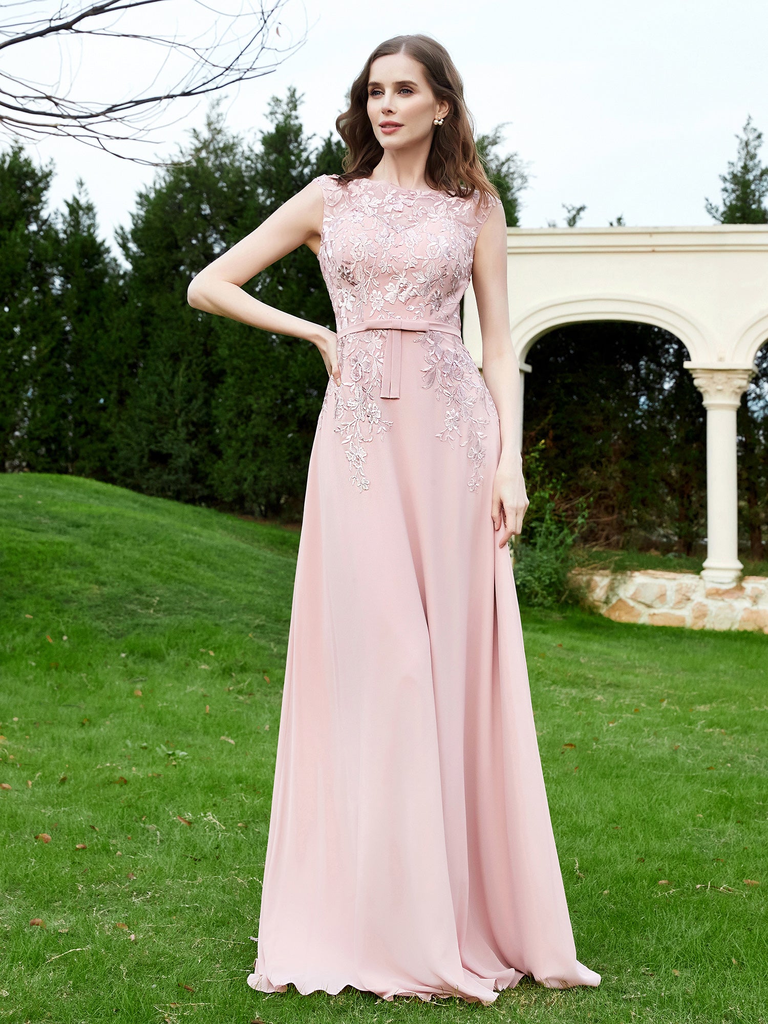 Robe Appliquée de A-ligne en Mousseline et Dentelle Rose Poudré