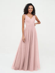 Robes Princesse de Pleine Longueur en Tulle avec Décolleté en V Rose Poudré
