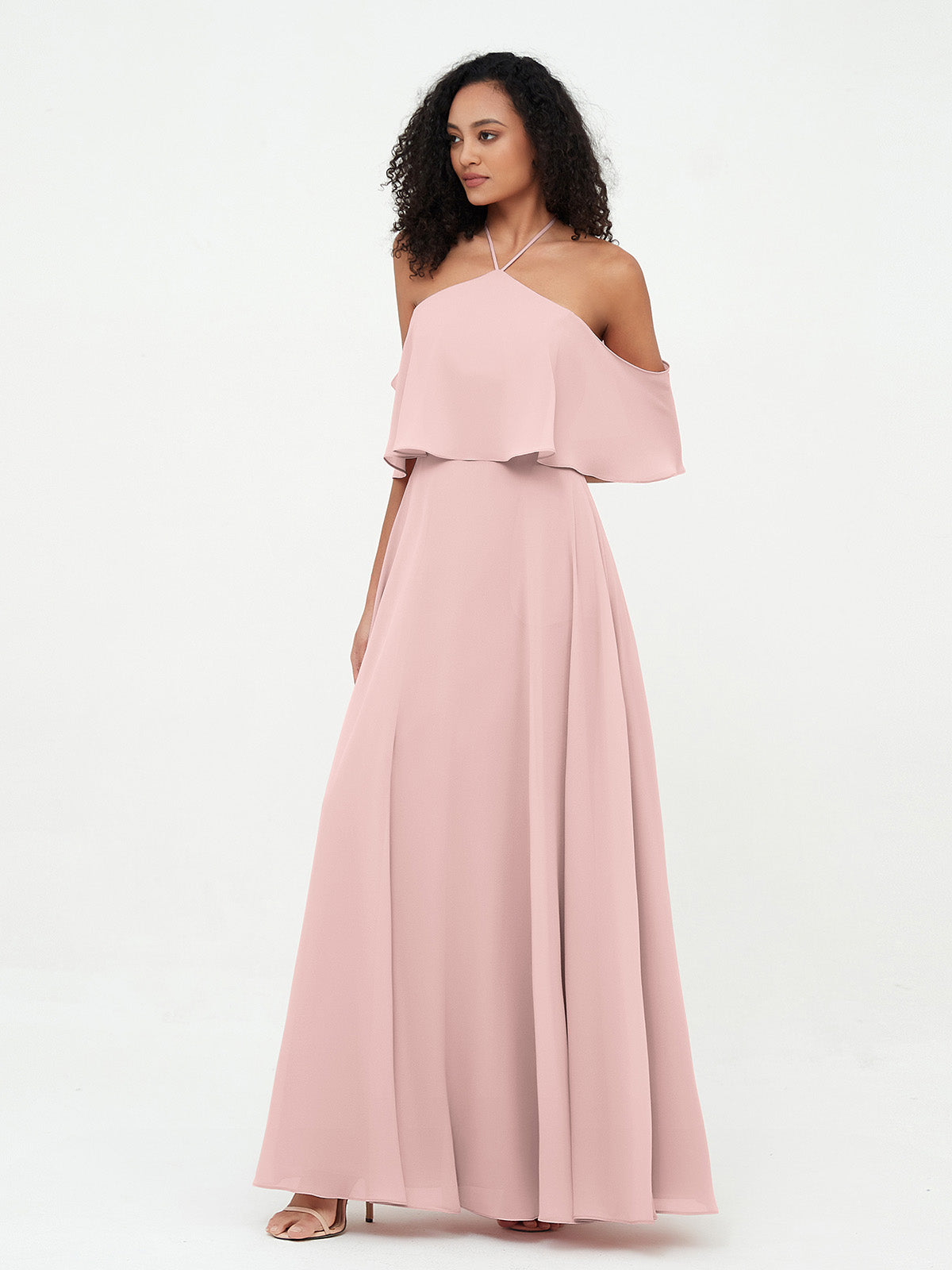 Robes Longues Mousseline à Epaules Dénudées avec Poches Rose Poudré