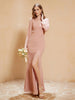 Robe Sirène en Mousseline à Manches Longues avec Fente Rose Poudré