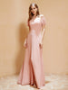 Robe Longue à Demi-Manches avec Fente Rose Poudré