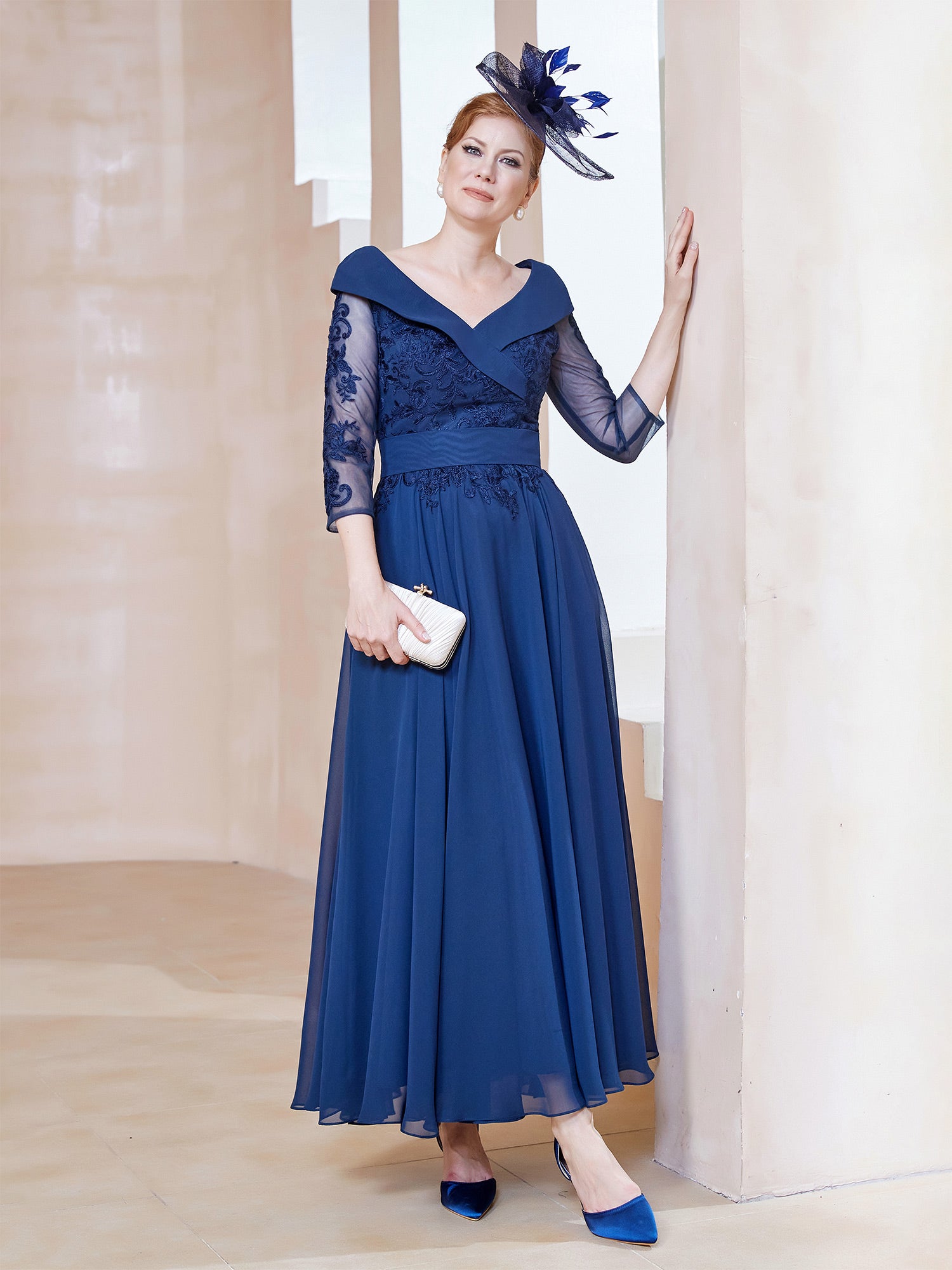 Robe en Dentelle et Mousseline Longueur au Sol à Col en V Bleu Marine Clair