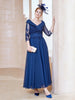 Robe en Dentelle et Mousseline Longueur au Sol à Col en V Bleu Marine Clair
