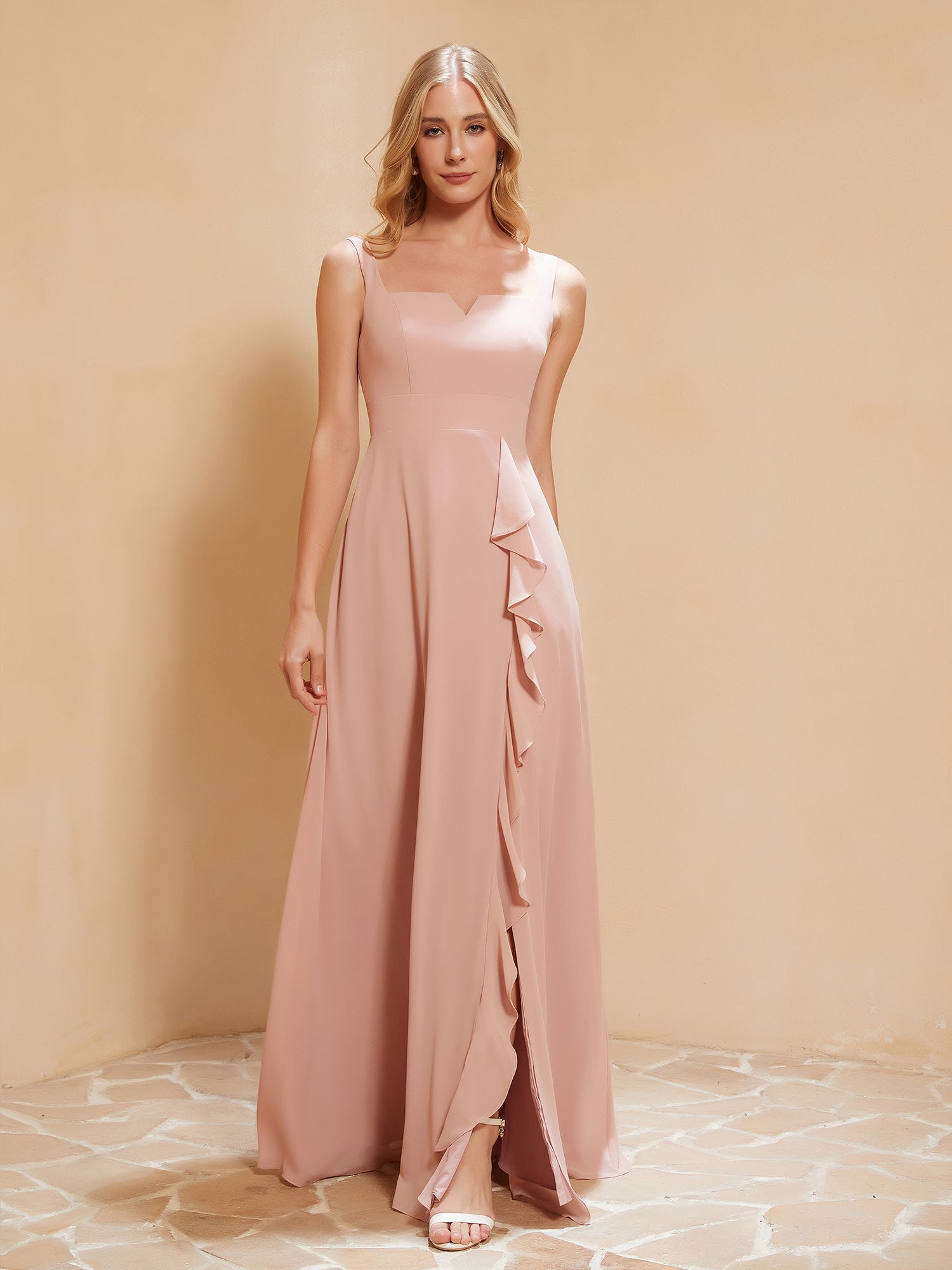 Robe de Demoiselle d'Honneur Sans Manches avec Volants Rose Poudré
