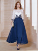 Robe en Mousseline avec Longueur de Mollet à Col Appliqué Bleu Marine