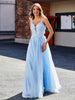 Robe de Soirée en Tulle Appliquée Florale à Col en V Bleu Ciel