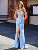 Robe de Soirée Plissé en Satin à Col en Cœur avec Traîne Balayage Bleu Ciel