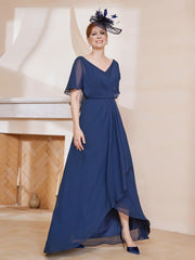 Robe Plissée en Mousseline à Col en V avec Manches Flottantes Bleu Marine