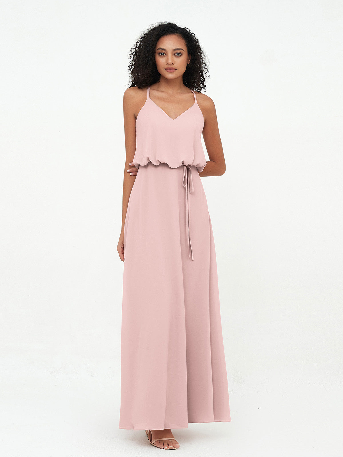 Bretelles Spaghetti Décolleté en V Robes en Mousseline Rose Poudré