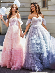 Robe de Soirée Princesse de A-ligne en Tulle avec Traîne Balayage Bleu Poudré