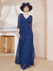 Robe de A-ligne Plissée en Mousseline Longueur au Sol Bleu Marine