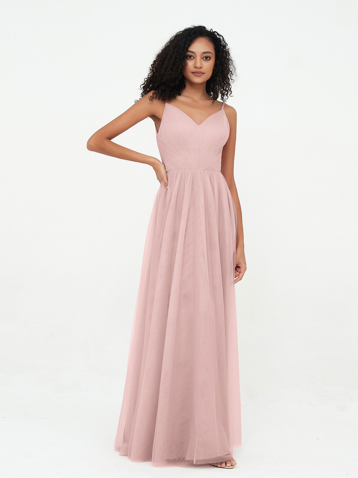 Bretelles Spaghetti Robes Maxi Plissé en Tulle Rose Poudré