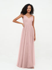 Bretelles Spaghetti Robes Maxi Plissé en Tulle Rose Poudré