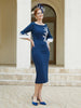 Robe Fourreau Plissée et Appliquée à Encolure en Scoop Bleu Marine Clair