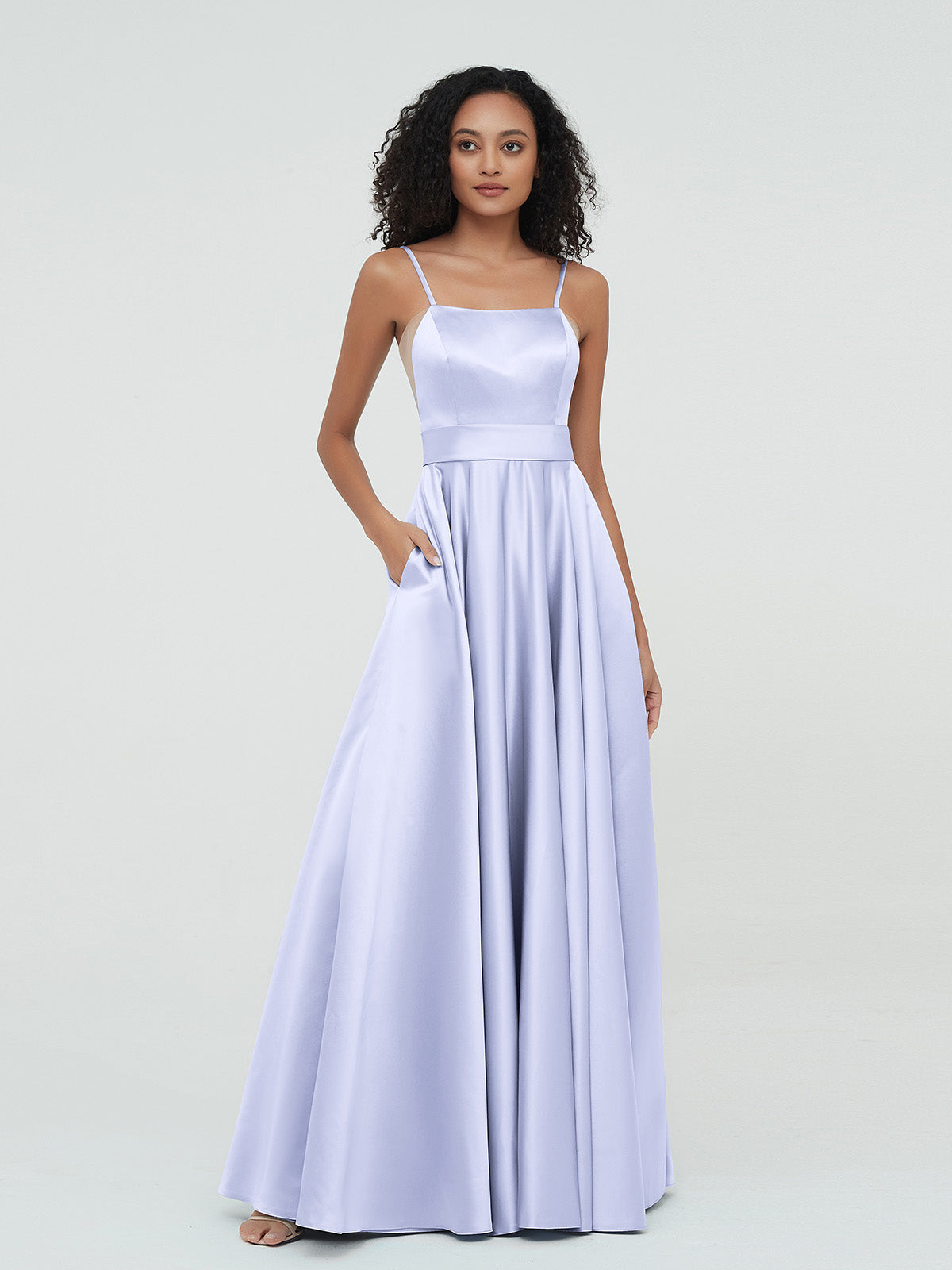 A-ligne Bretelles Spaghetti Robes Maxi en Satin Lavande