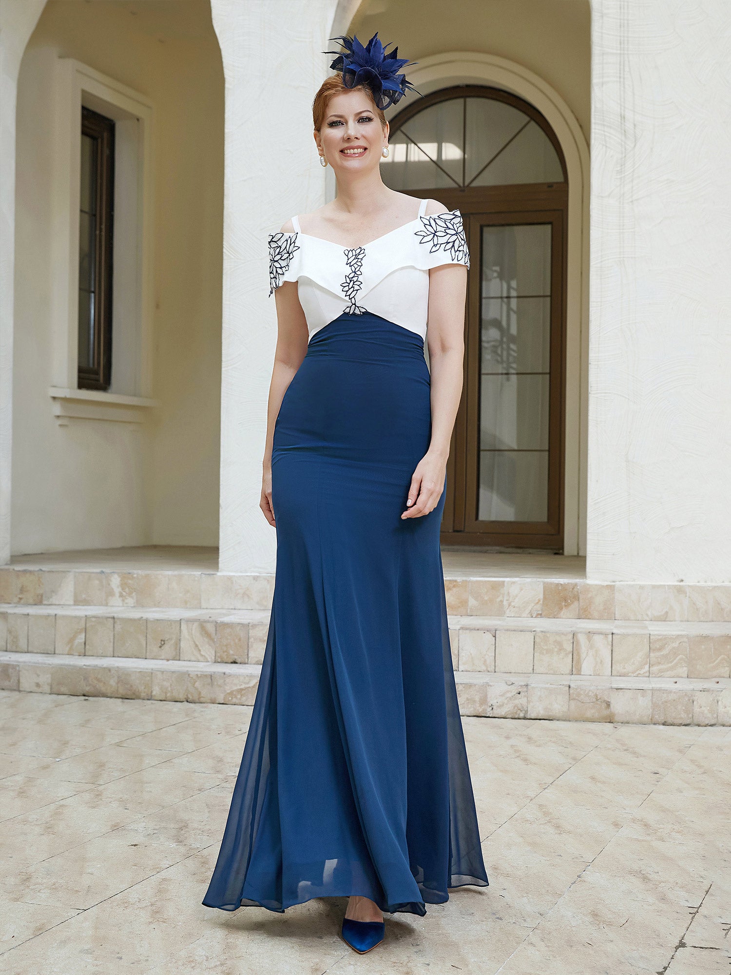 Robe Fourreau Appliquée Longueur au Sol Bleu Marine Clair
