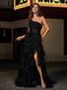 Robe de Soirée de A-ligne à Une Épaule en Tulle avec Traîne Balayage Noir